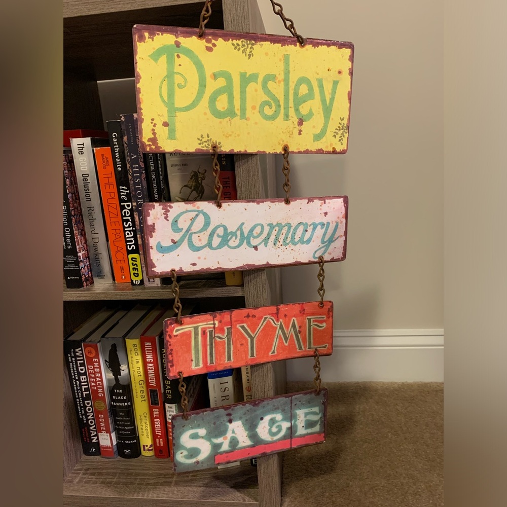 Wall Art, metal sign with “parsley, thyme, rosemary, sage”